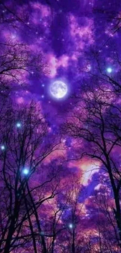 Mystical purple night sky with bright stars and silhouetted trees.