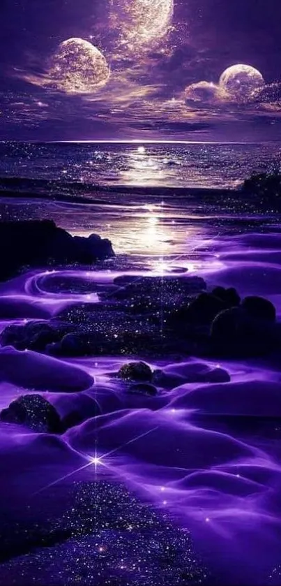 Mystical purple beach with cosmic sky and glowing waves wallpaper.