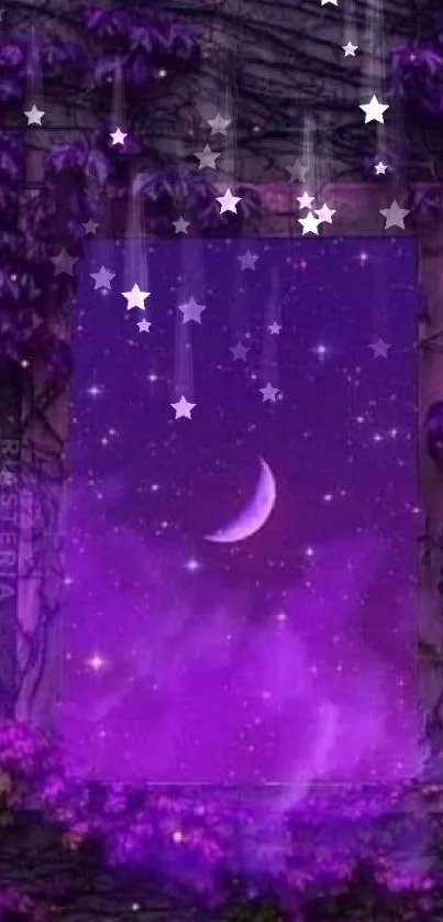 Purple night sky with crescent moon and stars framed by ivy-covered walls.