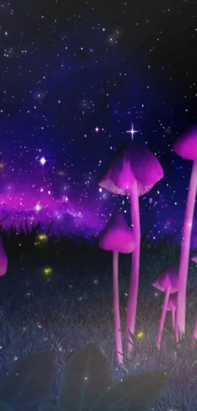 Purple mushrooms glowing under a starry night sky.