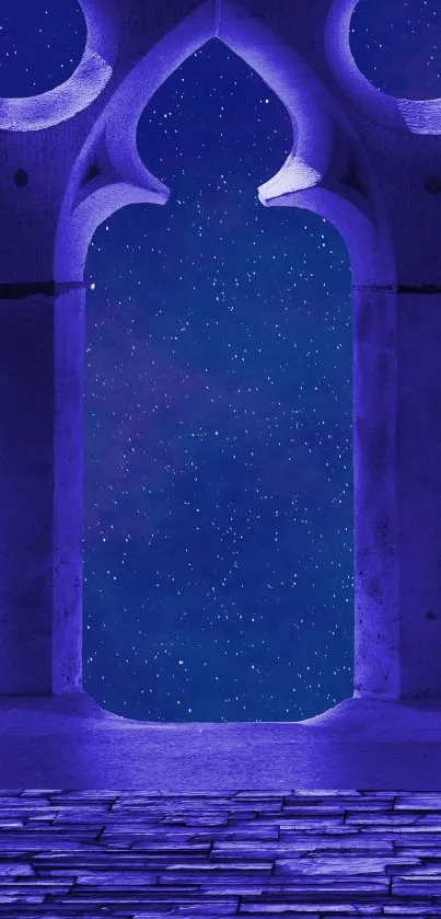 Enchanting purple night sky through ancient archways.