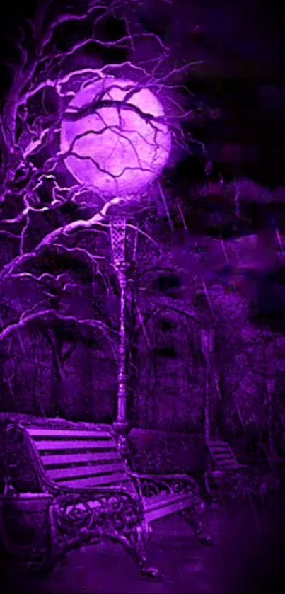 Purple night wallpaper with moon and park bench.