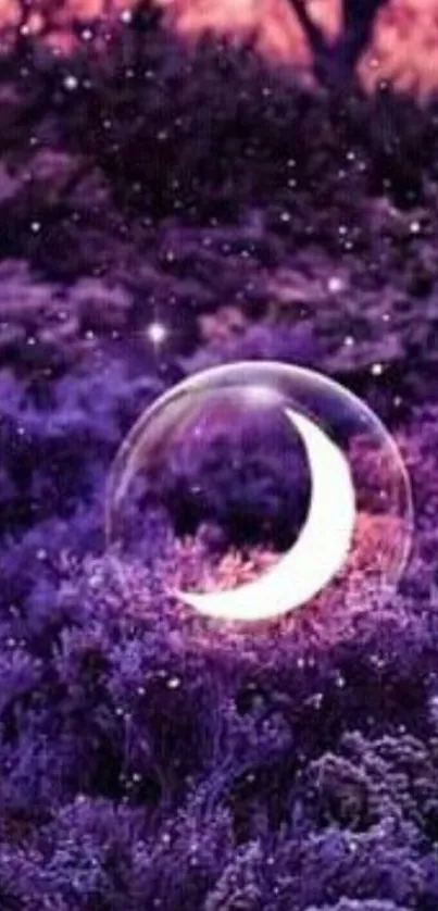 Purple nightscape with crescent moon art.