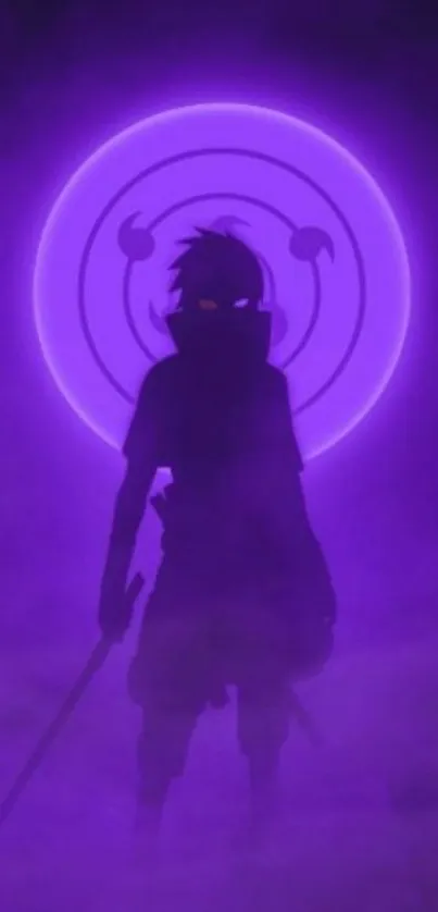 Purple ninja silhouette with mystical aura on mobile wallpaper.