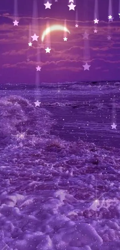 Purple ocean with crescent moon and waves at dusk.