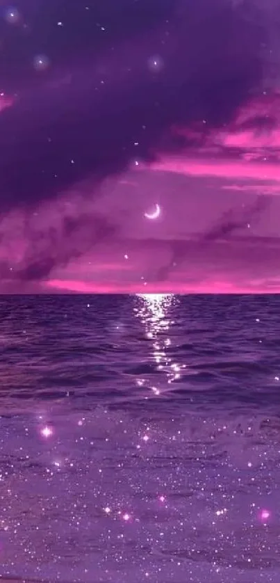 Mystical purple ocean under crescent moon with sparkling water.