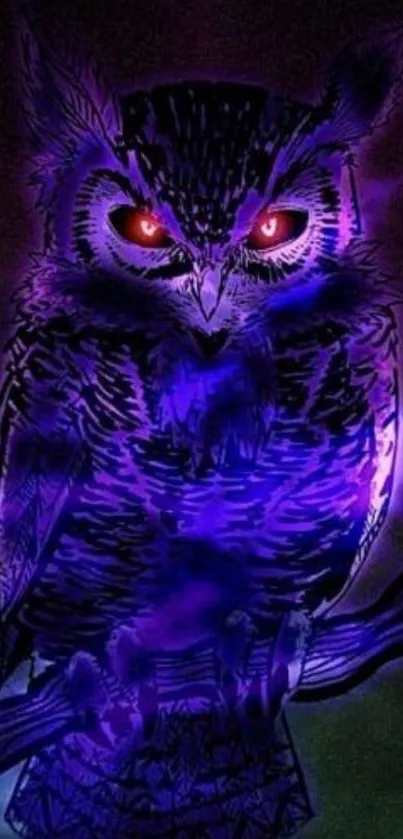 Mystical purple owl with red eyes on enchanted branch.