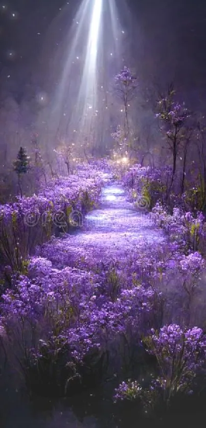 Mystical purple flower path with light beam in dark forest setting.