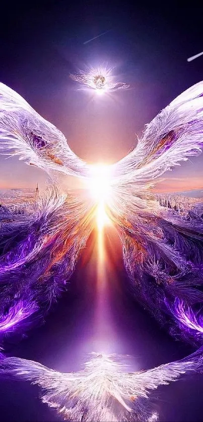 Mystical purple phoenix with radiant light.