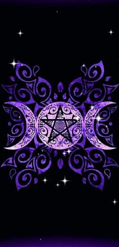 Mystical purple wallpaper with pentagram and crescents.