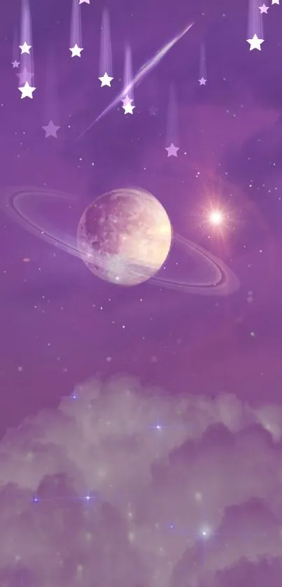 Purple planet and clouds with a starry sky.