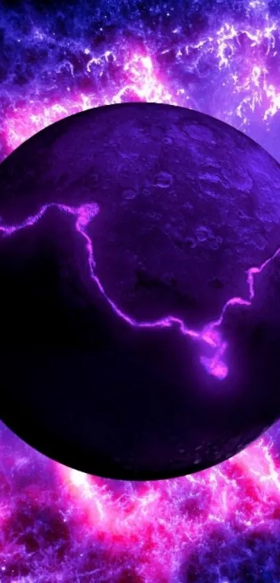 Purple cracked planet with electric effect in a cosmic background.