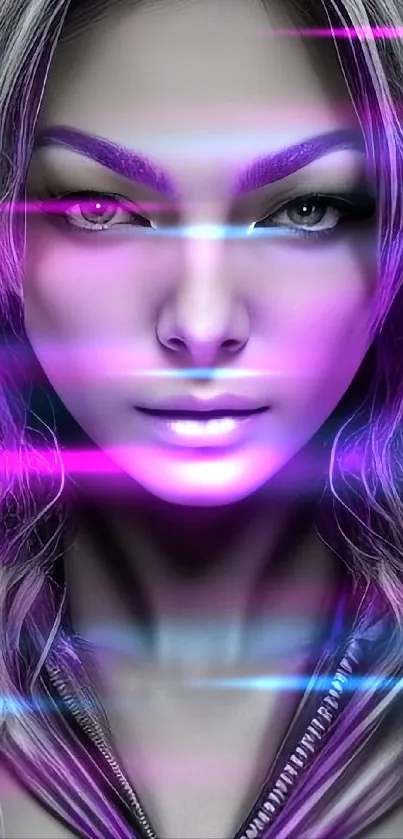 Artistic wallpaper of a woman with luminous purple accents and mystical aura.