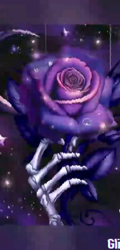 Purple rose with cosmic elements held by a skeleton on a dark background.