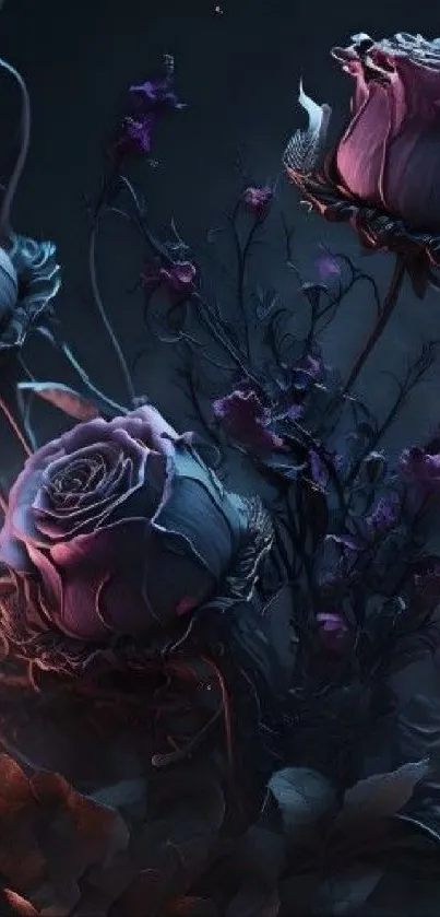 Mystical art of purple rose bouquet in dark tones.