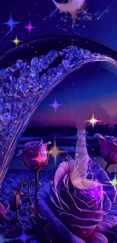 Purple rose nightscape with crescent moon and glass arc.