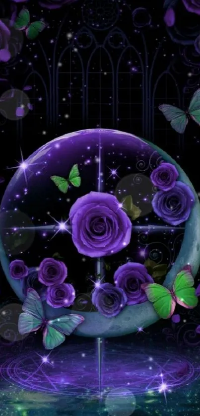 Mystical purple rose orb with butterflies wallpaper.