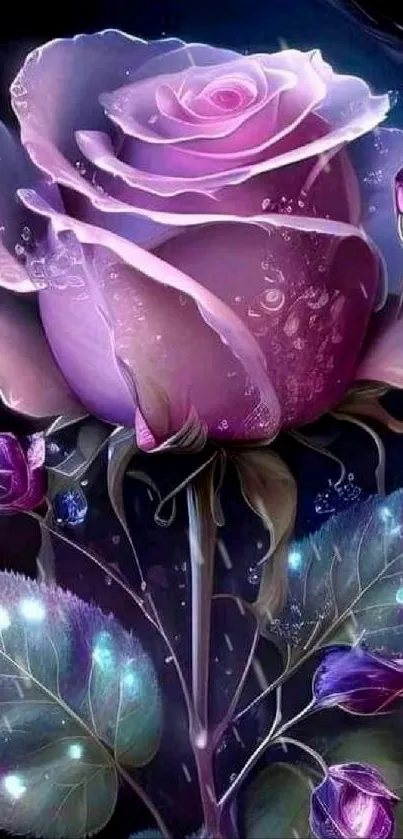 Mystical purple rose with dewdrops and glowing leaves on a dark background.