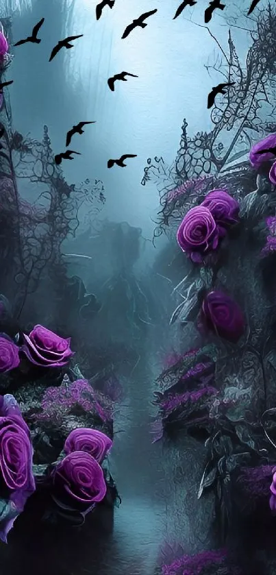 Mystical wallpaper with purple roses and a dark, enchanting forest.