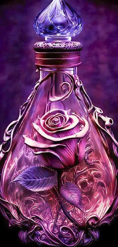 Mystical purple rose in ornate glass bottle with violet hues.