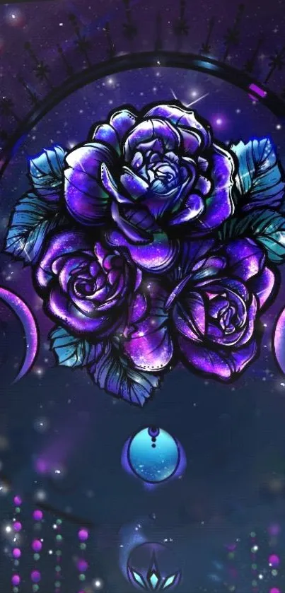 Mystical purple rose wallpaper with celestial symbols.