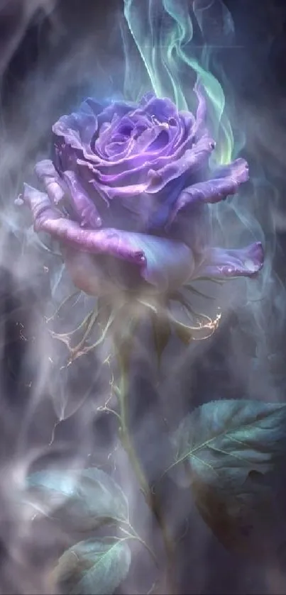 A mystical purple rose enveloped in ethereal smoke on a dark background.