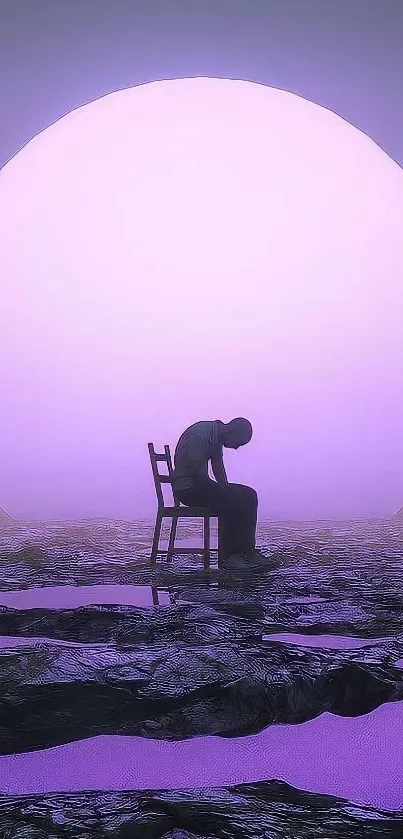 Surreal purple landscape with seated silhouette and glowing moon.