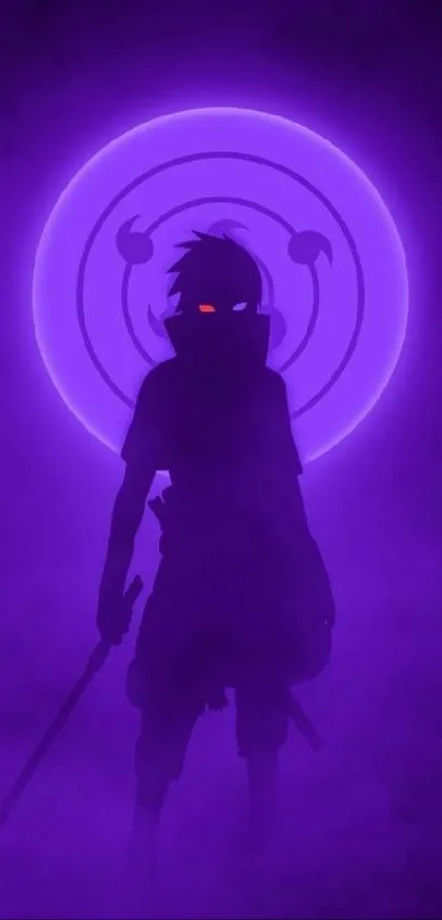 Anime-inspired purple silhouette wallpaper with glowing red eyes.