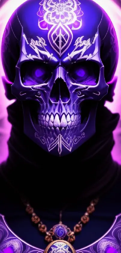 Mystical purple skull with intricate designs on a mobile wallpaper.