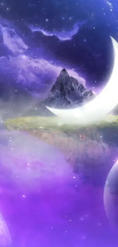 Mystical purple sky with moons and mountains wallpaper.