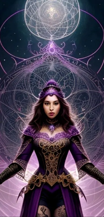 Mystical purple fantasy art with a central character in a detailed design.