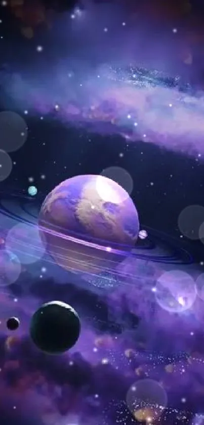 Purple cosmic scene with planets and galaxies, perfect mobile wallpaper.