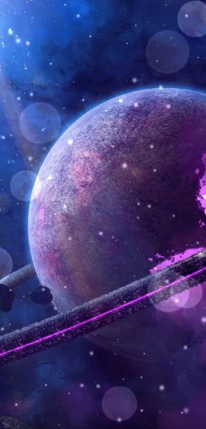 Mystical purple space wallpaper with planets and cosmic scenery.