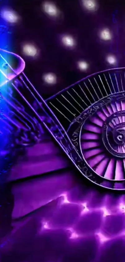 Purple staircase with glowing lights on a mobile wallpaper.