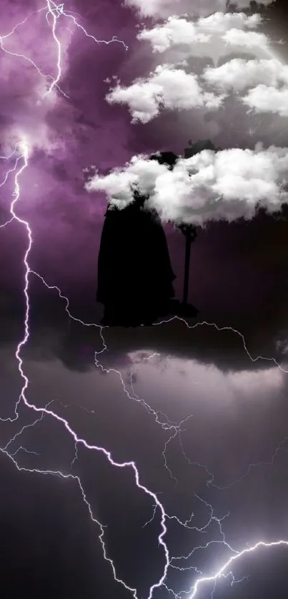 Purple thunderstorm with clouds and lightning creating a mystical scene.