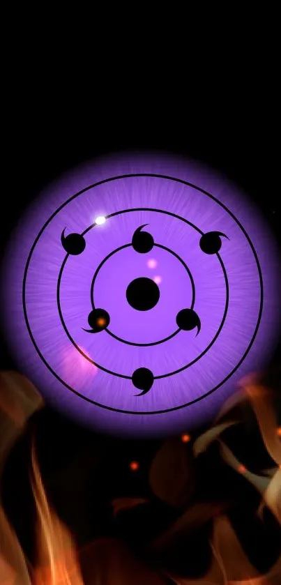 Mobile wallpaper featuring a mystical purple symbol with flames.