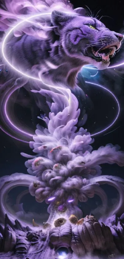 Mystical artwork featuring a swirling purple tiger and cosmic smoke.