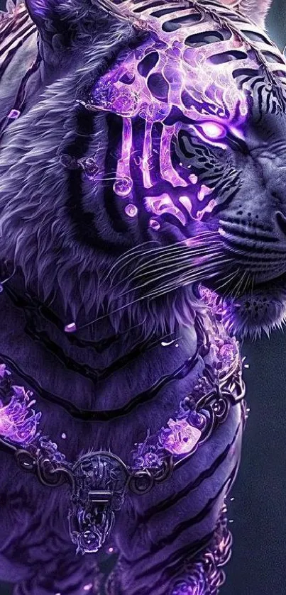 Mystical glowing purple tiger with artistic aura on a digital wallpaper.