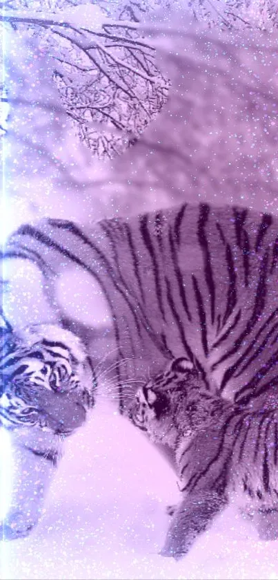 Mystical purple tiger in abstract snow background wallpaper.