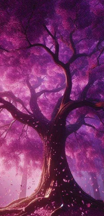 Purple tree with ethereal light and mystical ambiance in a forest scene.