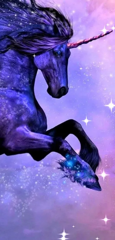 Purple unicorn galloping through a magical starry sky wallpaper.