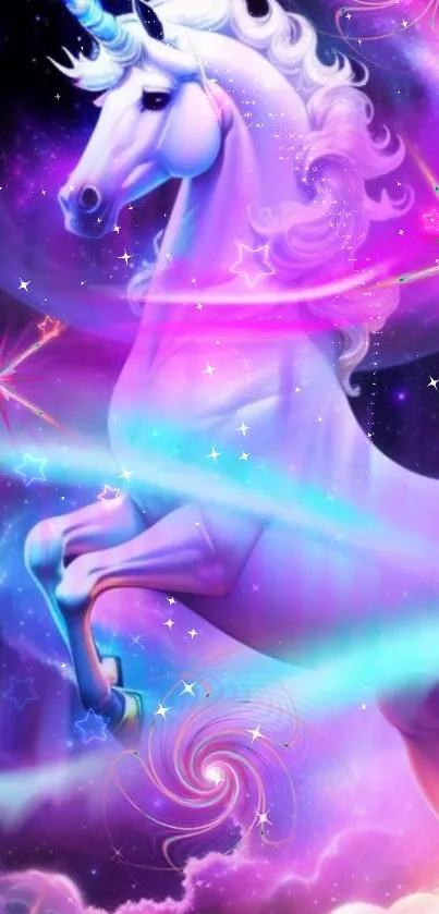Mystical unicorn in a purple cosmic fantasy scene with vibrant colors.