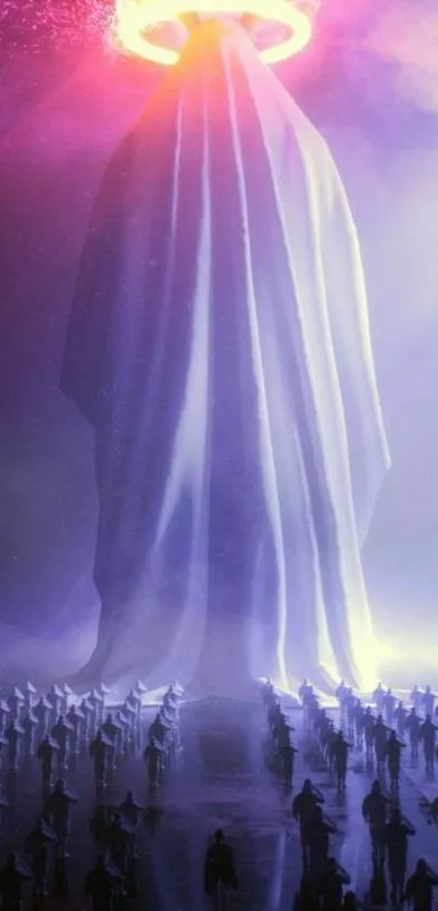 Mystical purple wallpaper with glowing halo and figures.