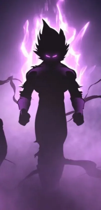 Anime warrior silhouette in purple mist.