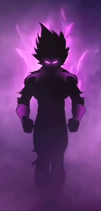 Silhouette of a warrior with a glowing purple aura and dark background.