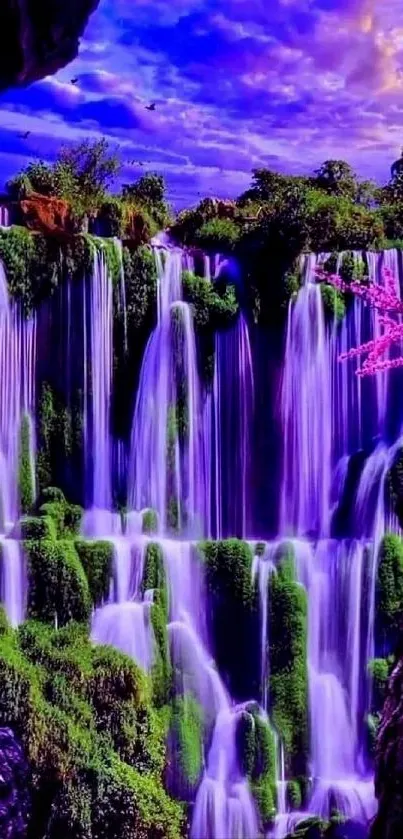 Purple waterfalls and greenery in a magical landscape.