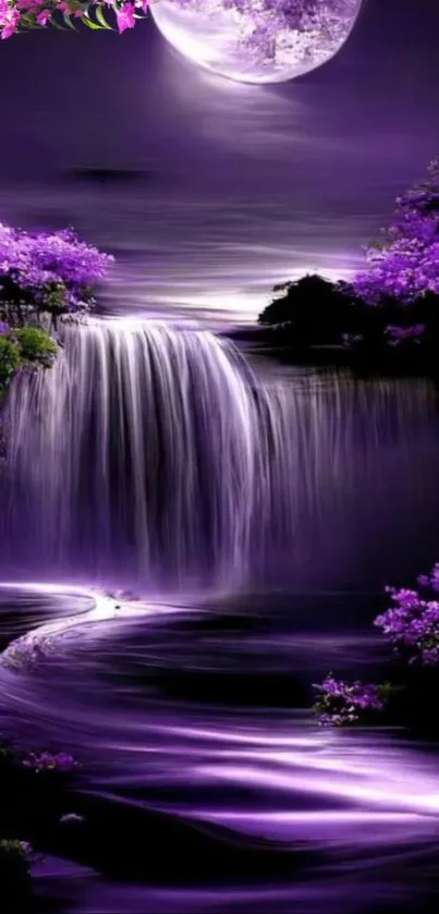 Mystical purple waterfall under a glowing moon, surrounded by lush foliage.