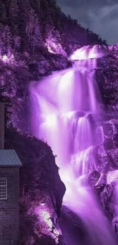 Purple waterfall with trees and clouds in an enchanting landscape.