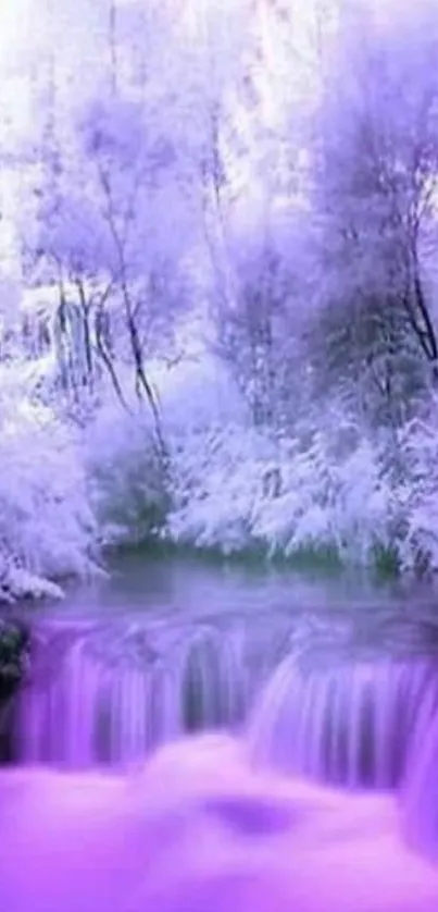 Purple winter forest with serene waterfall