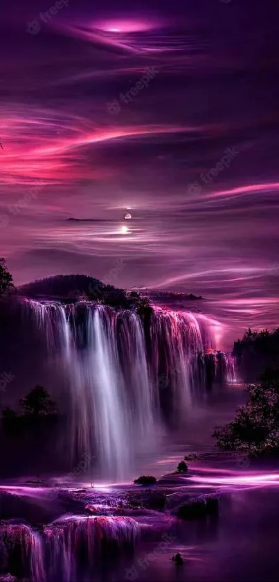 Mystical purple waterfall under a moonlit sky.